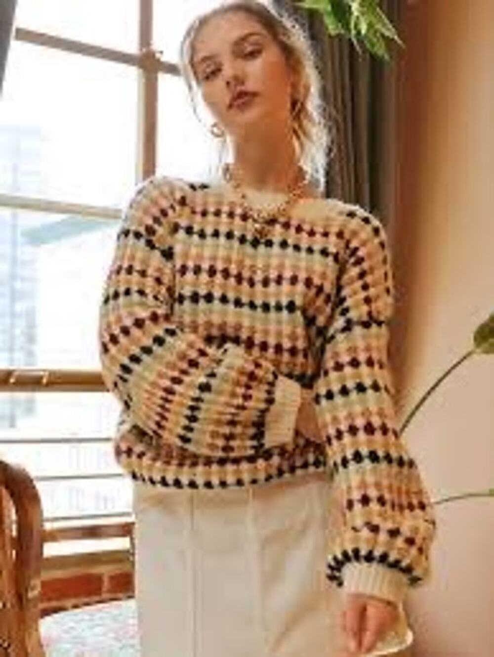 Blu Pepper Women's Griffin Geometric Pattern Knit Pullover Sweater 80's cosby